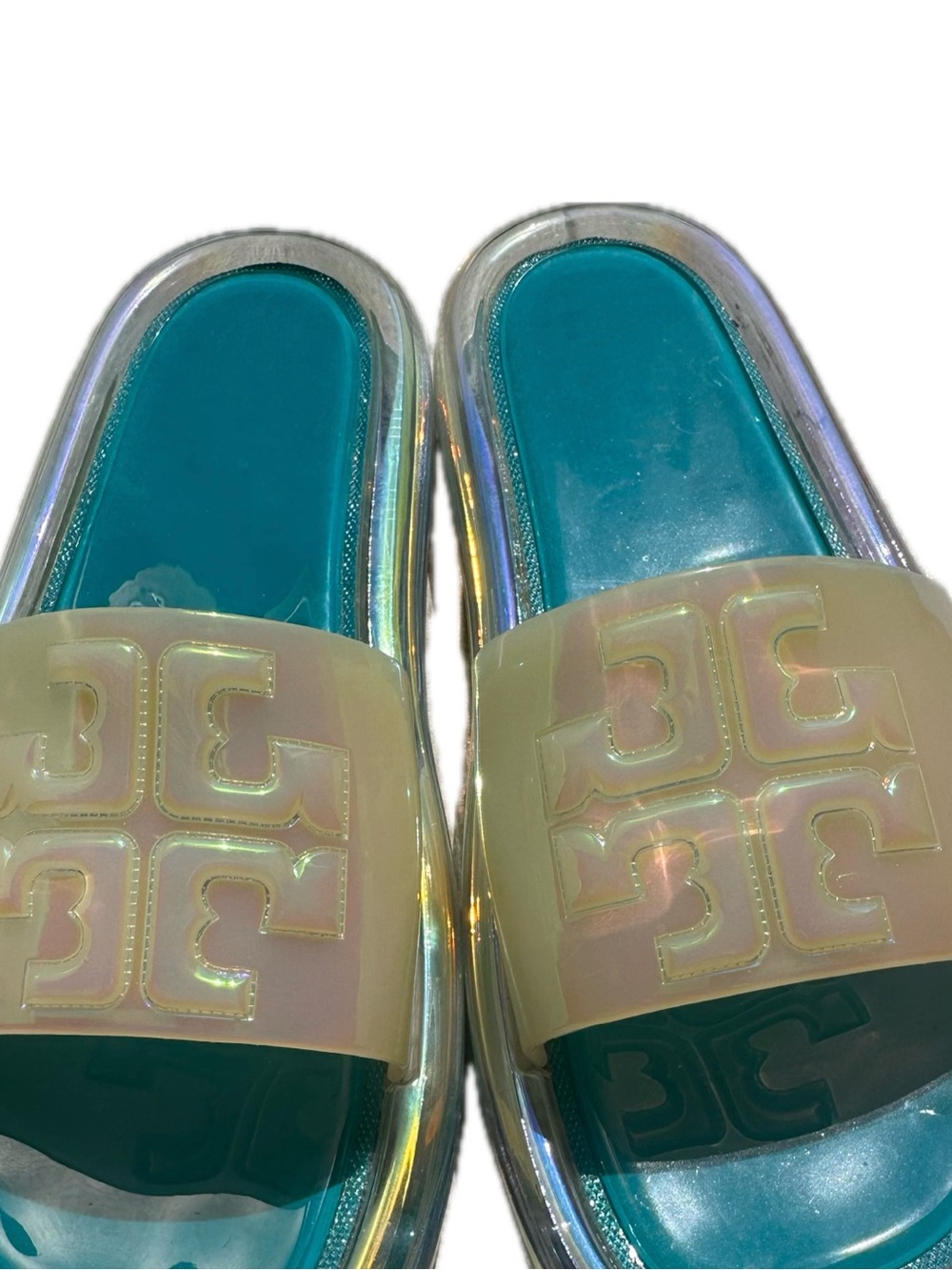 Tory Burch Iridescent Logo Slide Sandals - Teal Footbed